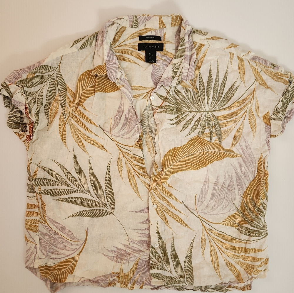 Women's Tahari Tropical Leaf Print Shirt - 100% Linen Size Large